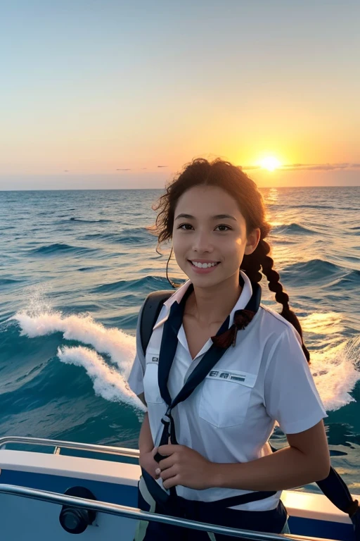 10. A female marine biologist (ethnicity: Black, age: mid-30s) on a research boat (setting: oceanic, sunrise). She's wearing practical, waterproof gear (fabric: weather-resistant) with binoculars slung around her neck. Her hair is in a practical braid, and her makeup is natural, with a focus on sun protection. She's observing marine life (species: dolphins), with a look of joy and fascination, surrounded by the vast ocean and the early morning sun casting a golden glow on the water.