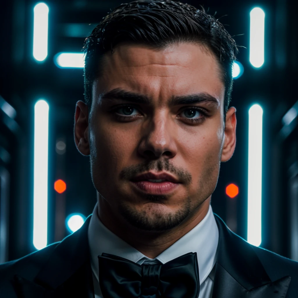 face portrait of adonifitness person using a tuxedo, in blade runner, professional photography, high resolution, 4k, detailed photo, <lora:adonifitness_44100:1>