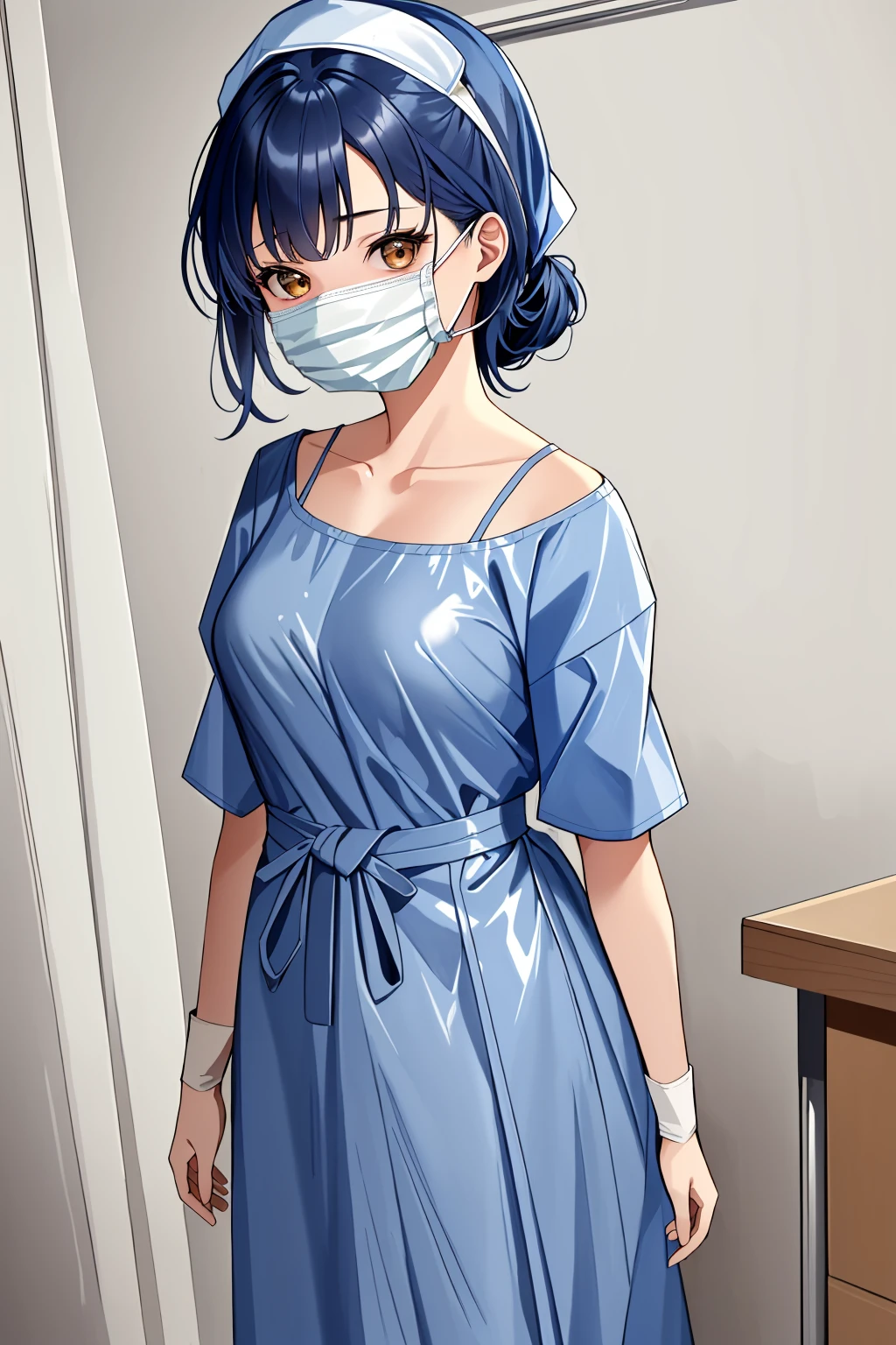 ((masterpiece, best quality, high quality)),1girl, (lower body, hospital), <lora:Surgical uniform:0.9> (surgical_uniform, mask, long sleeves, surgical mask,long dress, latex gloves,hat covering hair, hat), <lora:Aya Kawasaki:0.6> (akiko satou),