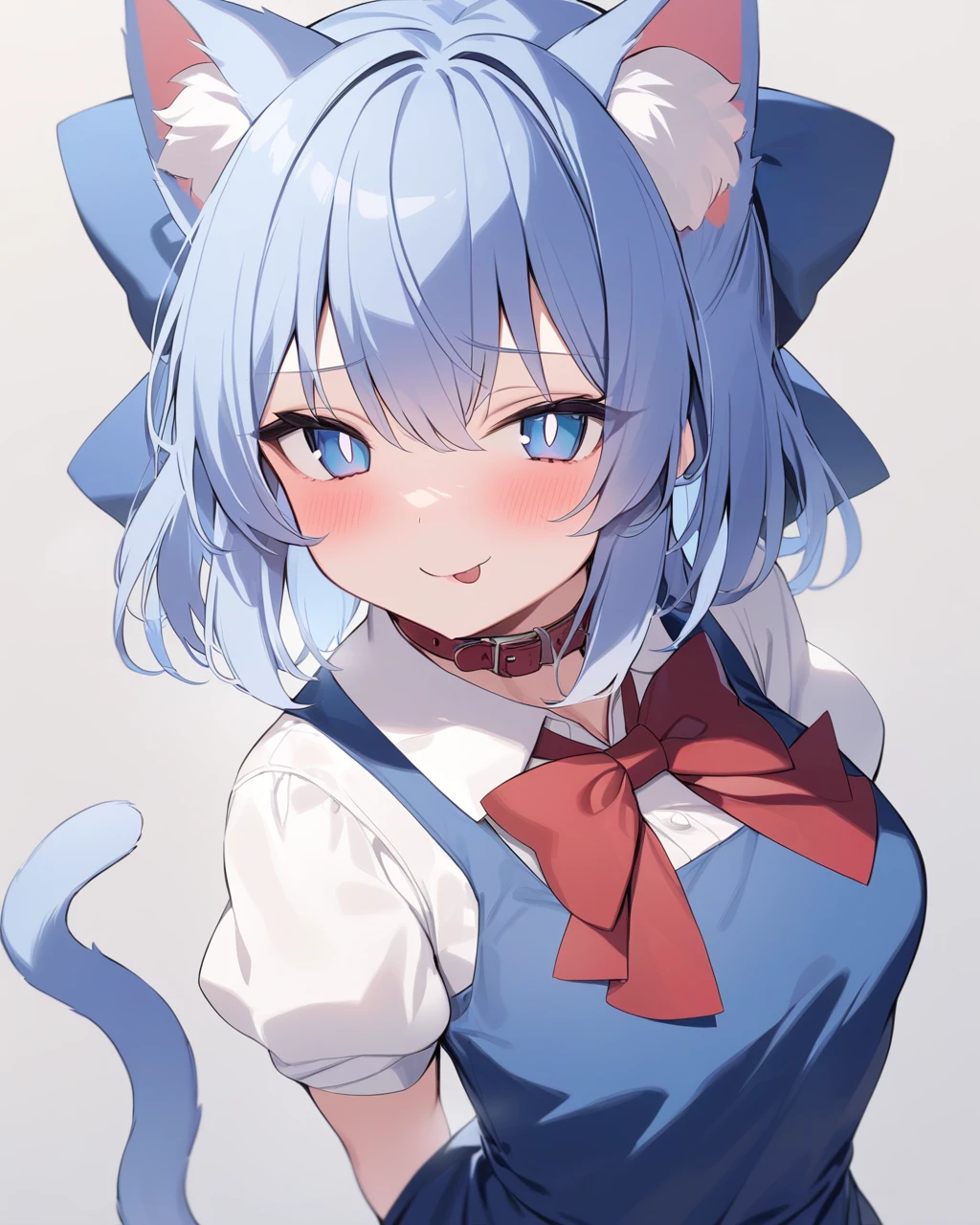 masterpiece,best quality,<lora:dongfangv1-000020:1>,touhou, 1girl, solo, cat_ears, cat_tail, blue_dress, upper_body, white_shirt, simple_background, looking_at_viewer, pinafore_dress, collar, white_background, white_pupils, kemonomimi_mode, arms_behind_back, puffy_short_sleeves, :p, animal_ear_fluff, blush, red_bowtie, closed_mouth