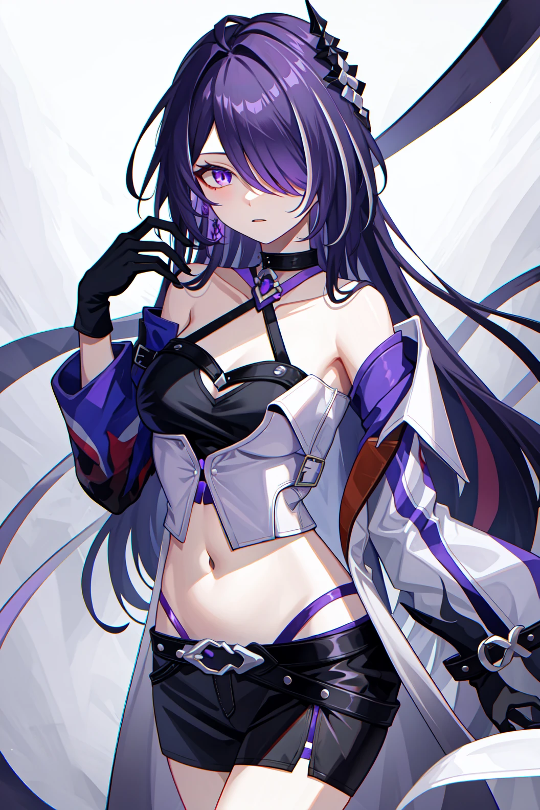 <lora:黿³:1:lbw=char>,huangquan,long hair,purple hair,purple eyes,hair over one eye,navel,gloves,hair ornament,black gloves,bare shoulders,choker,trench coat,midriff,crop top,single kneehigh,, 1girl,
, (masterpiece,best quality:1.2),absurdres