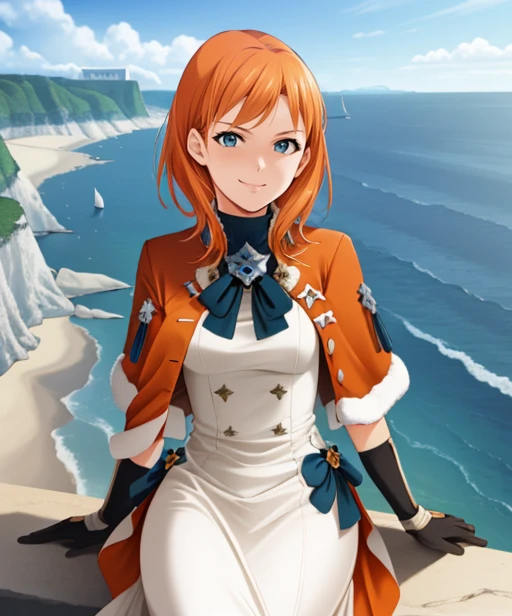 portrait, (adult woman), (1girl, solo), smile, (orange hair), ((coast, bay, cliffs, ocean)), (distant castle on a cliff), ((best quality, high detail)), ((masterpiece)), <lora:Annette_FE:0.7> (annette_war), medium hair, caplet, gloves, dress, <lora:1_kaiga_10e:1>