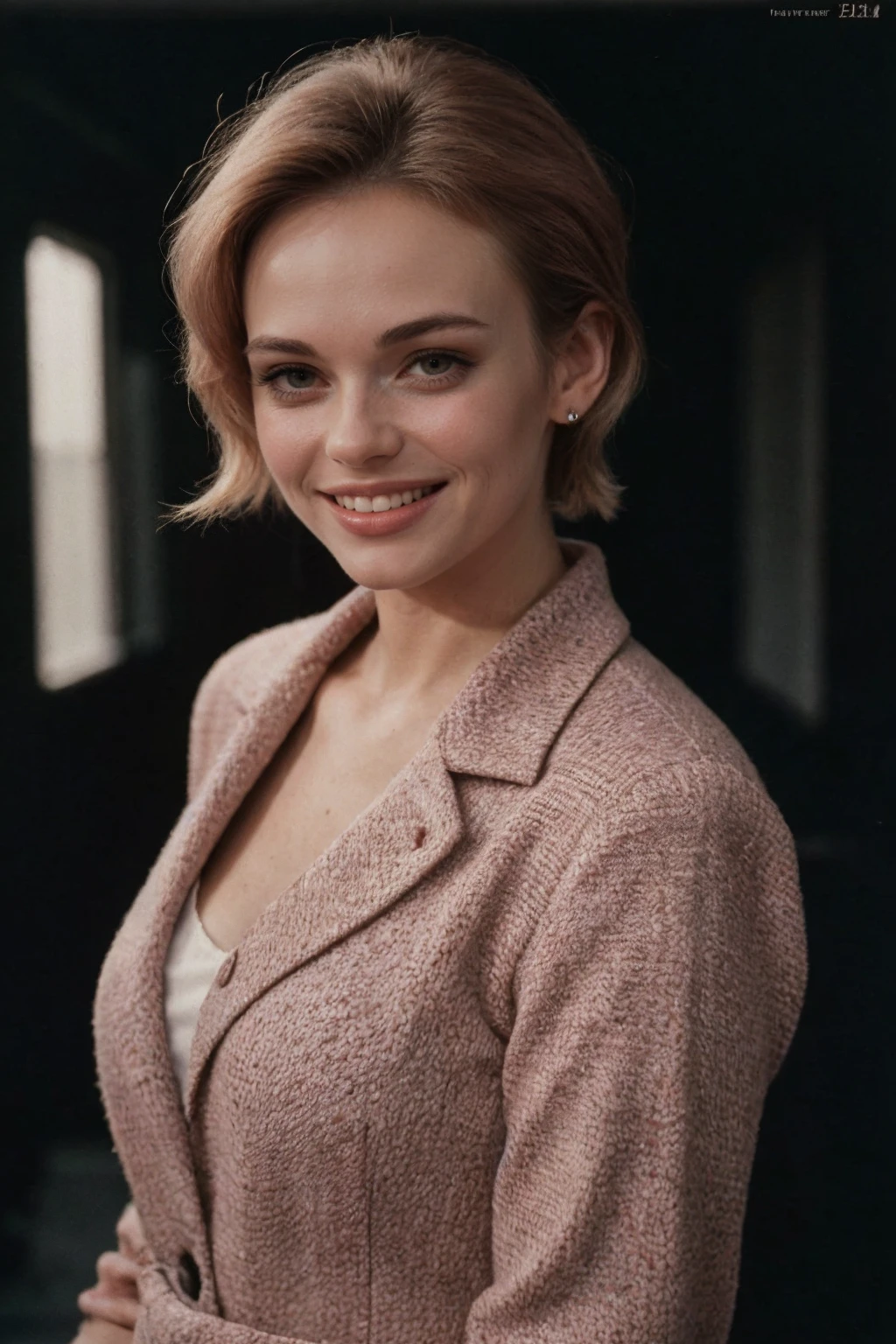 analog film photo solo, tstyle, realistic, ((vintage photo)), ((woman)), (((Short Pixie Cut))), (((grin512:1.2))), ((Powder Pink Plaid or tweed suit)), ((Drive-In Theaters)), ((dynamic pose)), high detailed, (cinematic shot:1.3), PA7_Human-Likeness, PA7_Photo-BW, 8k, clear facial features, pastel themed colorgrade, in style of Drew Jarrett, <lora:PAseer-SD15-LCM Quick:1> <lora:picxer_real:.5> <lora:ReaLora:.2> skin <lora:TStyle_-_Photography_Style:.2> <lora:[US]_-_Lynda_Day_George:1> lyndadaygeorge . faded film, desaturated, 35mm photo, grainy, vignette, vintage, Kodachrome, Lomography, stained, highly detailed, found footage
