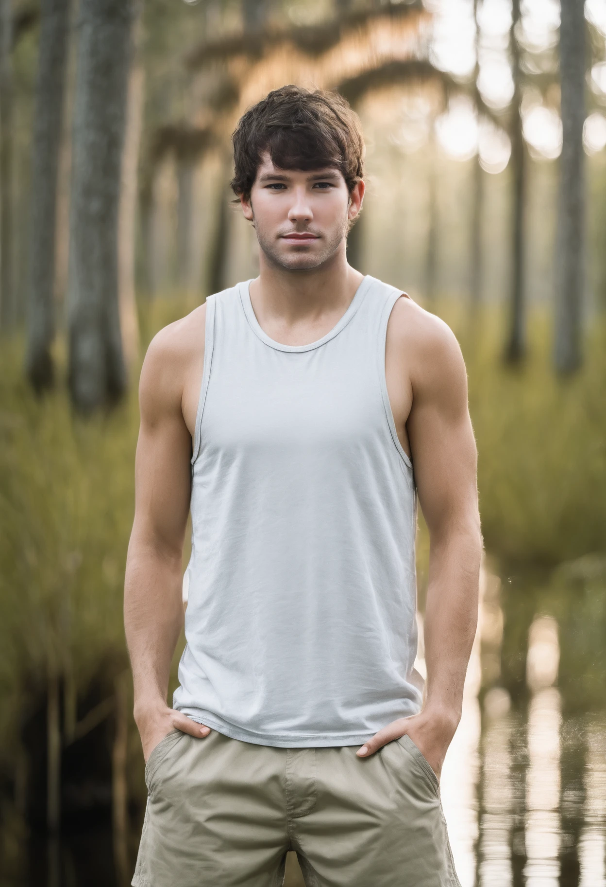 photo of dustin_zito <lora:dustin_zito_xl-05:0.8>, wearing a stringer tank top and khaki shorts posing in Louisana swamp, dynamic pose, armpit hair, 35mm photograph, film, bokeh, professional, 4k, highly detailed, natural lighting, golden hour