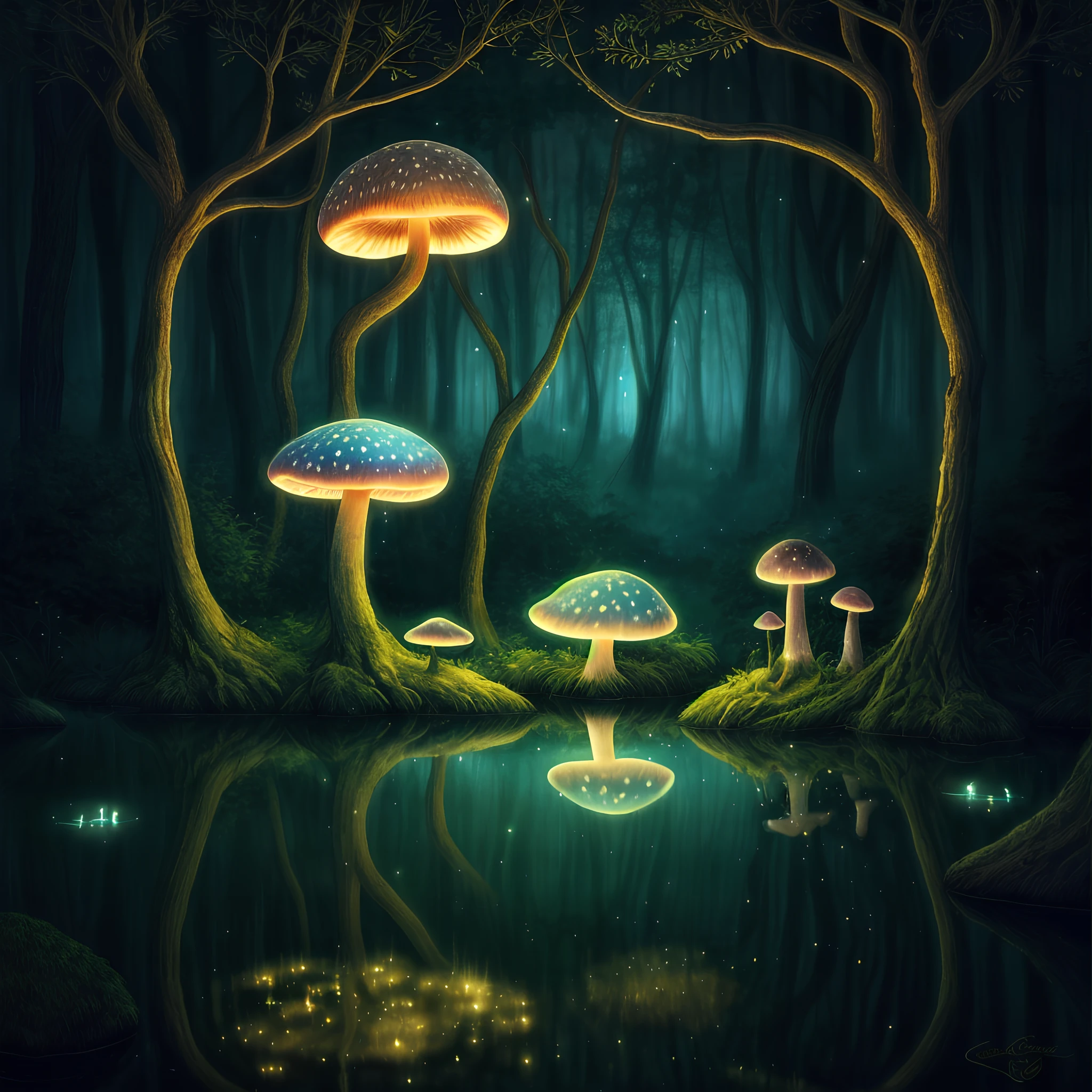 mystical forest with towering trees adorned with glowing mushrooms of various shapes and sizes. Envelop the forest in an ethereal mist, illuminated by the soft glow of magical fireflies that dance among the branches, casting enchanting reflections in a tranquil pond below.