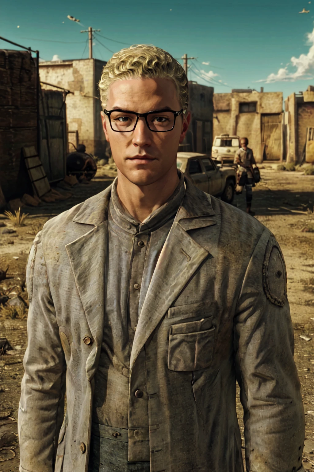 1boy,  solo,  Arcade Gannon,  Fallout: New Vegas,  doctor,  scientist,  35 years old,  tall,  blonde hair,  short hair,  green eyes,  wore glasses,  handsome,  grey collared shirt,  white lab coat,  military pants,  black combat boots,  perfect anatomy,  perfect proportions,  8k,  HD,  HQ,  (best quality:1.2,  masterpiece,  madly detailed photo),  detailed,  perfect face,  perfect eye pupil,  detailed eyes,  high_resolution,  perfecteyes,  (upper body in frame,  portrait),  Fallout: New Vegas location,  Mojave Wasteland,  post-apocalyptic ruins,  desolated landscape,  dark blue sky, (dutch angle),<lora:EMS-282021-EMS:0.700000>,<lora:EMS-498-EMS:0.200000>