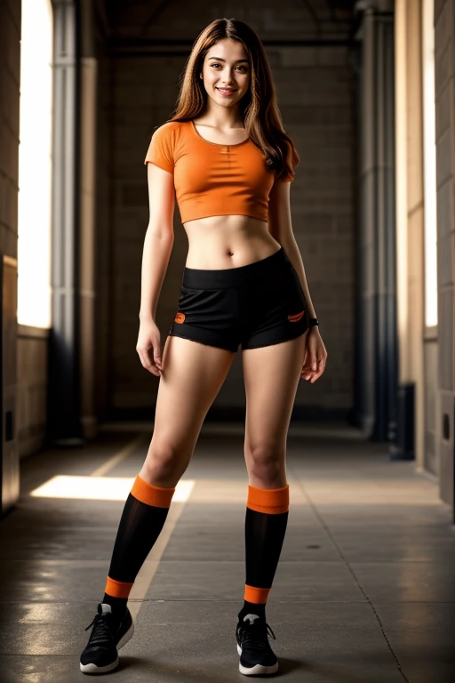 ((Masterpiece, best quality, cinematic lighting, 8k, full body shot, long hair)), (smile:0.85), (realistic background)
<lora:X1_Top_Shorts_By_Stable_Yogi:1> orange top, midriff, black shorts, socks, shoes