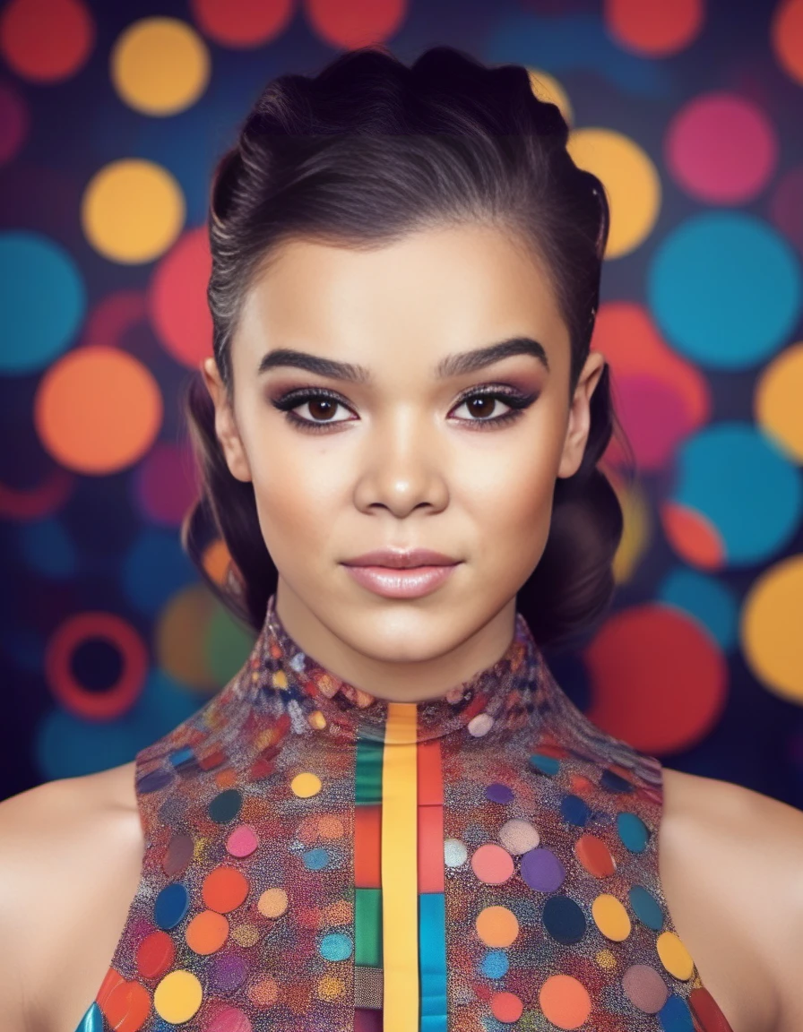 HaileeSteinfeld,<lora:HaileeSteinfeldSDXL:1>, cinematic photo (full-body:1.85) A futuristic portrait of a beautiful young woman on a simple paper studio background with a strong colourful intricate circular geometrical pattern, geometrical makeup, (highly detailed skin texture:1.6), pores, high contrast . 35mm photograph, film, bokeh, professional, 4k, highly detailed