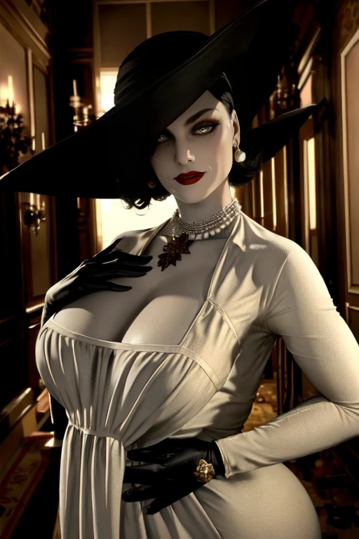 masterpiece,best quality,extreme detail,8k,<lora:ladydimitrescu:0.8>,dimitrescu2,1girl,solo,breasts,looking at viewer,yellowish eyes,short hair,large breasts,black hair,gloves,hat,dress,jewelry,monochrome,upper body,flower,earrings,necklace,white dress,makeup,rose,lipstick,pale skin,sun hat,red lips,pearl necklace,black flower,cowboy_shot,upper_body,