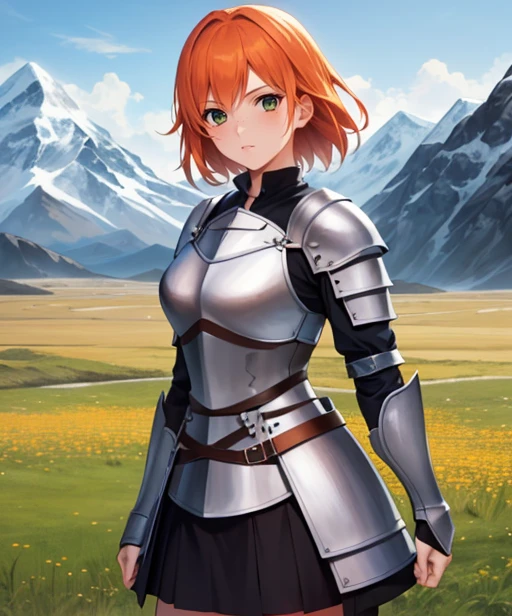 portrait, (adult woman), (1girl, solo), (looking at viewer), ((knight, armor, skirt)), freckles, (orange hair, medium hair), (green eyes), ((field, mountains)), (best quality, high detail), ((masterpiece)), <lora:1_fumio_13e:1>