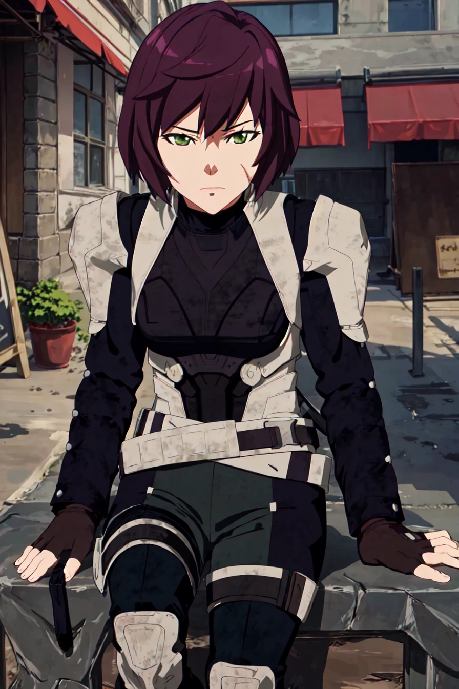 (best quality) , (highly detailed) ,masterpiece ,absurdres ,detailed face ,beautiful face ,(detailed eyes, deep eyes, anime eyes) ,1girl , solo, 
Leaning against an invisible bar,
mei_pacific, scar on face, purple hair, scar, green eyes, short hair, brown hair, gloves, boots, belt, fingerless gloves, armor, bodysuit, armored boots, knee pads,  <lora:mei_pacific-10:0.8>