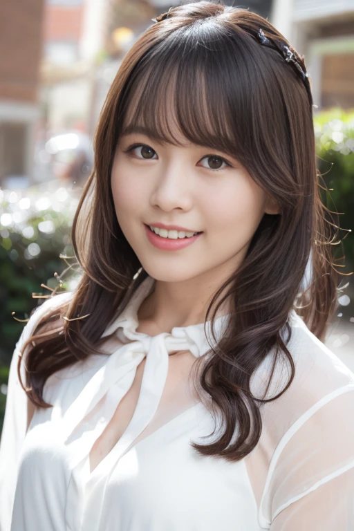 1girl, (white sheer blouse:1.6),(RAW photo, best quality), (realistic, photo-realistic:1.8), masterpiece, an extremely delicate and beautiful, extremely detailed, 2k wallpaper, Amazing, finely detail, extremely detailed CG unity 8k wallpaper, ultra-detailed, highres, soft light, beautiful detailed girl, extremely detailed eyes and face, beautiful detailed nose, beautiful detailed eyes,cinematic lighting,(in the city:2.0),perfect anatomy,(slender body:1.6),(close up face:2.0),(laugh,friendly, warm:1.8),(looking at viewer:2.0),(young japanese idol:1.8),(wavy brown sholder length hair:1.8), (brown eyes:1.8), (cleavage:1.4), <lora:hiokanatsumi_lora-10:0.8>