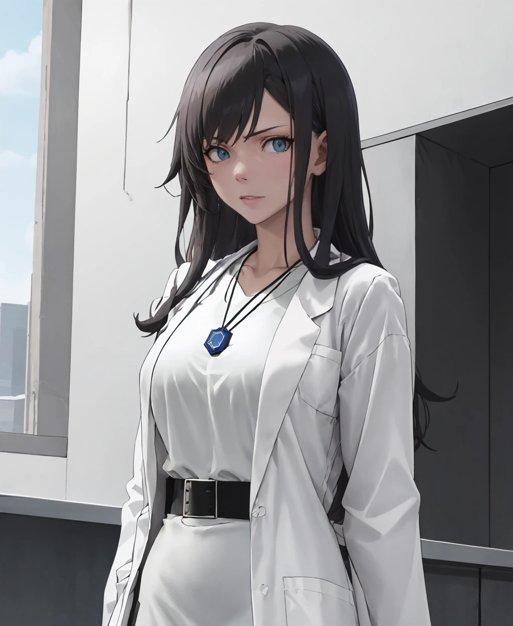 (masterpiece: 1.1), (best quality: 1.1), (absurdres: 1.1), (detailed: 1.1), (ultra-detailed: 1.3), civitai-chan, braided bangs, labcoat, shirt, shirt tucked in, single vertical stripe, black skirt, pencil skirt, pantyhose, necklace, belt, upper body, solo, <lora:bleach-eater-09:1>, <lora:gijinkaseries_civitai:0.5>