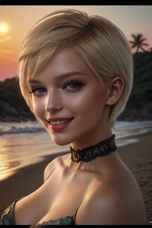 <lora:slsophieV2:0.8> slsophie, short blonde hair,
solo, blush, grin, (close portrait:1.2), lips , black collar, huge breasts, looking at viewer, natural skin texture, 24mm, 4k textures, soft cinematic light, adobe lightroom, photolab, hdr, intricate, elegant, highly detailed, sharp focus, ((((cinematic look)))), soothing tones, insane details, intricate details, hyperdetailed, low contrast, soft cinematic light, dim colors, exposure blend, hdr, faded, tropical beach, sea, boats, waves, sunset