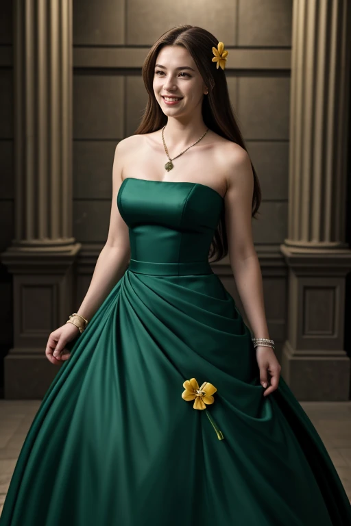 ((Masterpiece, best quality, cinematic lighting, 8k, full body shot, long hair)), (smile:0.85), (realistic background)
<lora:X1_Gown_By_Stable_Yogi:1> green strapless dress, bracelets, hair ornaments, hair flower, necklace