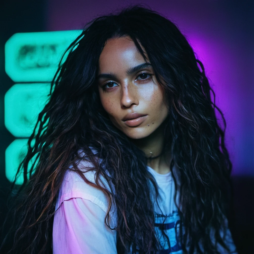 Photo of a woman with long wavy hair,portrait,kodachrome, neon,cyberpunk, <lora:zokravitz_xl_1_standard_merger_47_59_83_05_03_02:1>