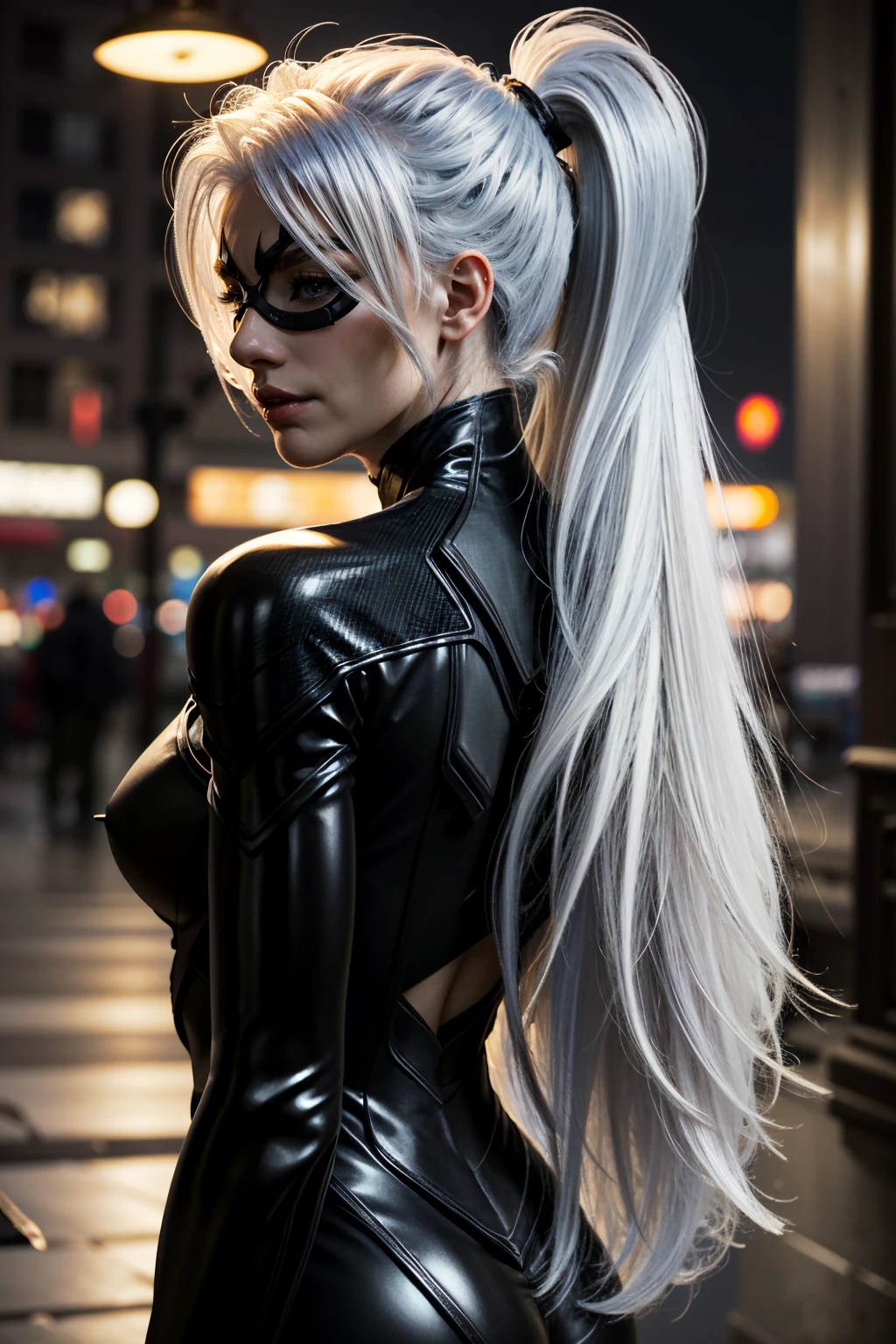 ((ultra detailed, masterpiece, absurdres))
 <lora:SpiderBlackCat:0.9>
SpiderBlackCat, 1girl, white hair, long hair, mask, Back turned with a contemplative mood