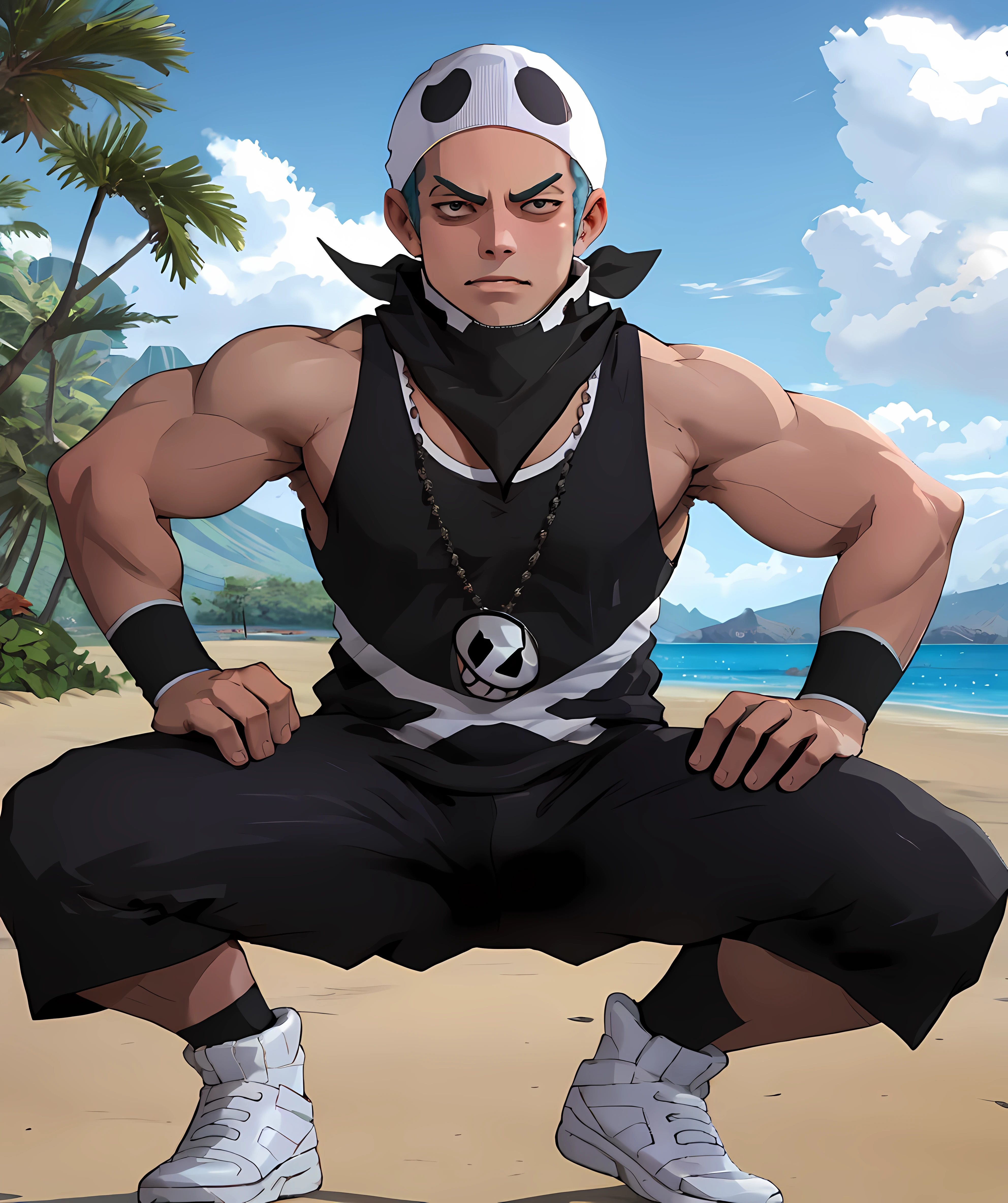 team_skull_grunt_male, looking at viewers, muscular, scarf, hawaiian scenery, necklace, tank top, squatting <lora:Team_Skull_Grunt_Male:0.85>