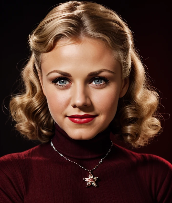 <g1ng3r0>, Ultra-HD-details, Black background, smile, detailed eyes, 50s dress, cotton hair, 40s makeup, 50s style, Necklace, jewelry, ((Turtleneck red)), intricate