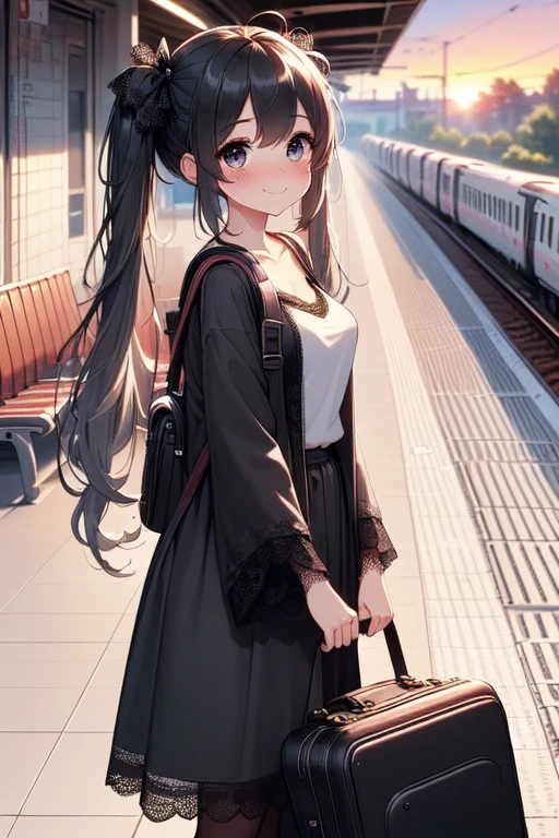(((masterpiece))), (((best quality))), (((body facing viewer:1.4))), ((train platform)), ((guitar case backpack)), light gray T-shirt, ((black lace long coat)), navigation sign, 1girl, smile, ribbon, (black twintails), collarbone, cleavage, ((big tits)), sweat, shy. blush, petite figure, (((sunset))), <lora:girllikeplatform:1>