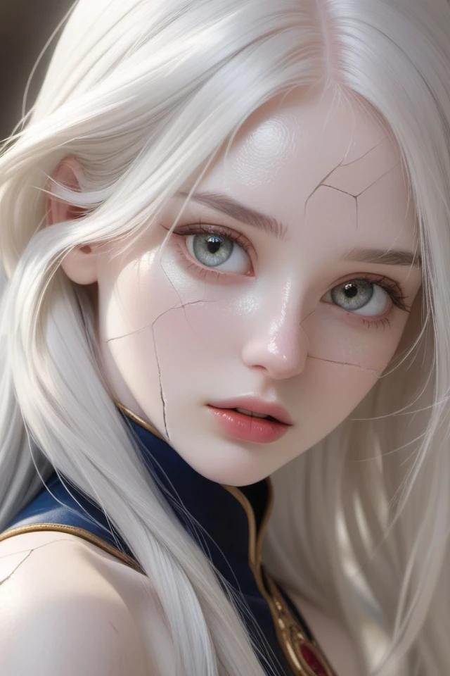 cinematic photography,portrait of a (beautiful woman with cracked skin:1.1),deep fine cracks,soft focus,half body editorial shot,uncanny,long white hair,stunning perfect shining eyes,pale skin,intricitaly hyperdetailed,amazing depth,expansive details,complex masterwork by head of prompt engineering,