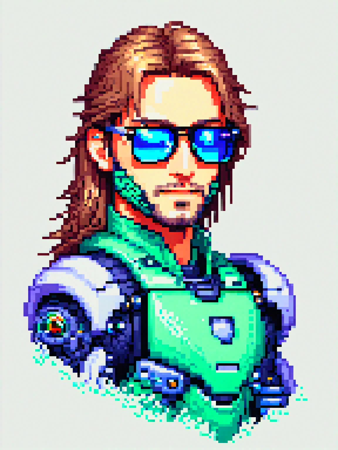 yamer_pixel_fusion, a man with a robotic arm, wearing sunglasses, long hair, light stubble , simple background, <lora:Pixel_Fusion_LORA:1>