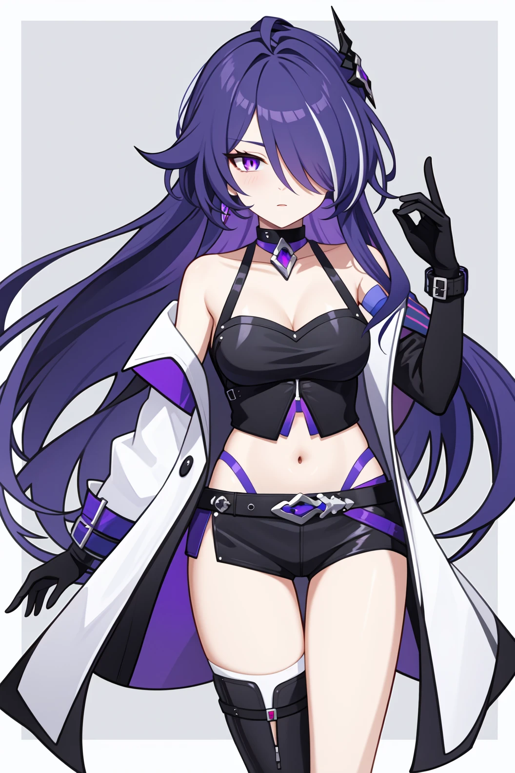 (top-quality、​masterpiece:1.2), 1girl in、Beautiful fece、Saeko Poison Island, ((policeman's cap、neck tie、bra very、Black miniskirt、kneehigh boots)), ((nigh sky、stele、a moon)), is standing、One hand is on his hip, long purple hair、Purple eyes, ((Vicious look、Vulgar smile)), full bodyesbian、elegent、enticing、A sexy、Beautiful and well-groomed face、beautidful eyes、beautiful hairl、slick skin、Beautiful mouth、smooth legs、Balanced body、