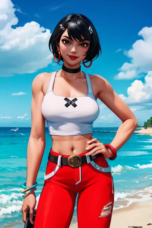 masterpiece,best quality,extreme detail,8k,<lora:evie:0.6>,cowboy_shot,upper_body,evie2,1girl,solo,breasts,looking at viewer,smile,short hair,black hair,hair ornament,navel,brown eyes,jewelry,medium breasts,earrings,choker,midriff,belt,pants,mole,bracelet,lips,crop top white,makeup,black choker,tank top,beach background,hoop earrings,red pants,bangle,