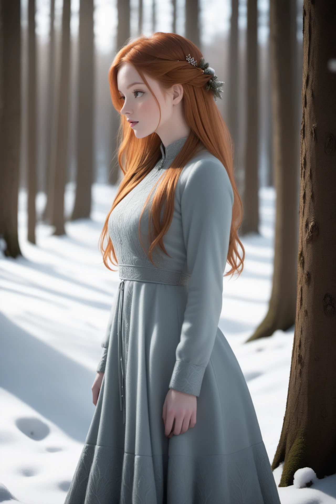 1 girl\(long hair, sexy dress,elegant\),ginger hair,winter forest,natural skin texture,24mm,4k textures,soft cinematic light,adobe lightroom,photolab,hdr,intricate,elegant,highly detailed,sharp focus,((((cinematic look)))),soothing tones,insane details,intricate details,hyperdetailed,low contrast,soft cinematic light,dim colors,exposure blend,hdr,faded,