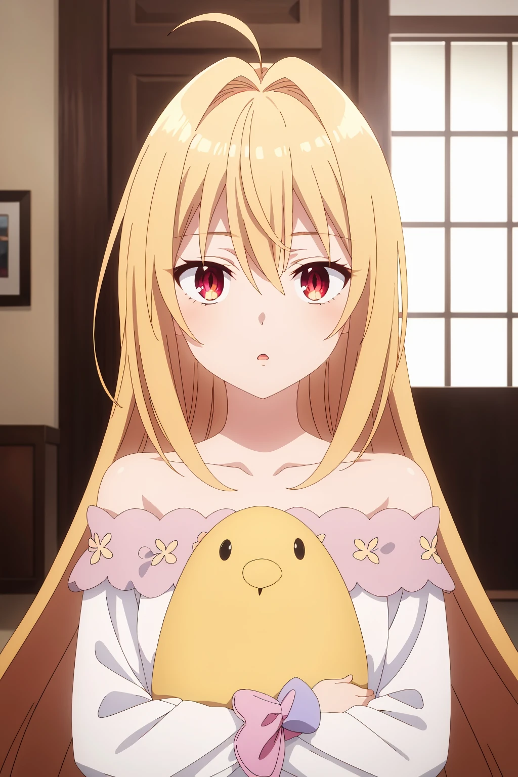 ((best quality)),((highly detailed)),masterpiece,absurdres,detailed face,beautiful face,(detailed eyes, deep eyes),1girl,((dynamic pose)) , <lora:TerakomariV1:0.7>Terakomari, stuffed toy, long hair, blonde hair, stuffed animal, solo, red eyes, ahoge, looking at viewer, hair between eyes, off shoulder, parted lips, hair intakes, bangs, bare shoulders, holding, very long hair, upper body, dress, long sleeves, object hug, collarbone, shirt, off-shoulder dress, indoors, open mouth, pajamas, :o, outdoors, white dress, white shirt