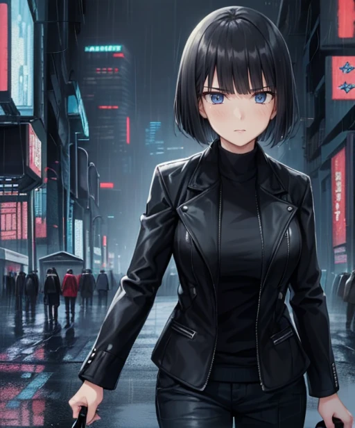 (adult woman), (1girl, solo), walking, ((black jacket)), serious, (black hair, bobcut), (blue eyes), ((future city, neotokyo, scifi city, cyberpunk)), (night, rain), ((best quality, high detail)), ((masterpiece)), <lora:1_dpminase_20e:1>