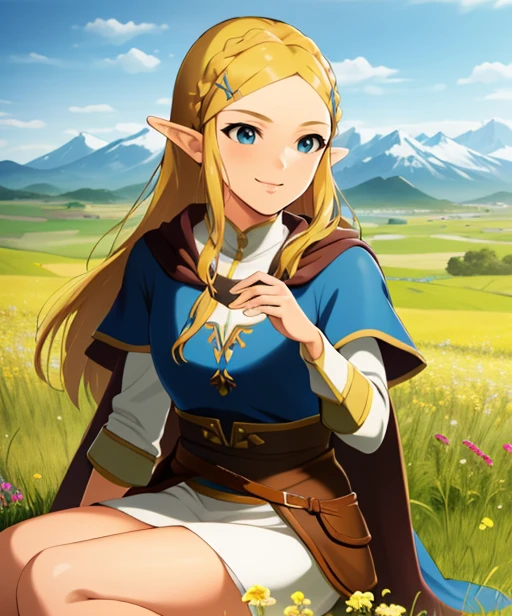 portrait, (adult woman), sitting, picking flowers, (1girl, solo), smile, (blonde hair), ((field, rolling hills)), (distant mountains), ((best quality, high detail)), ((masterpiece)), <lora:zelda_shorthair_v5:0.35> zelda\(princess\), hairclip, cape, <lora:1_kaiga_10e:1>