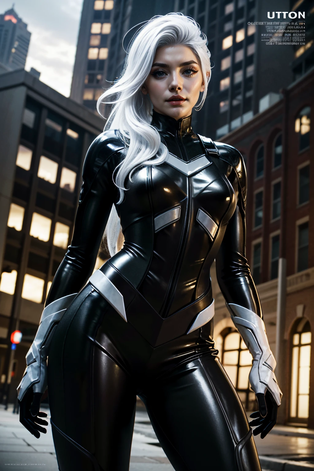 A curvy, white haired MILF wearing a black and silver latex super hero suit with big breasts, superhero mask, black lipstick night time, background filled with buildings, spiderman pose metal chains, metal spikes