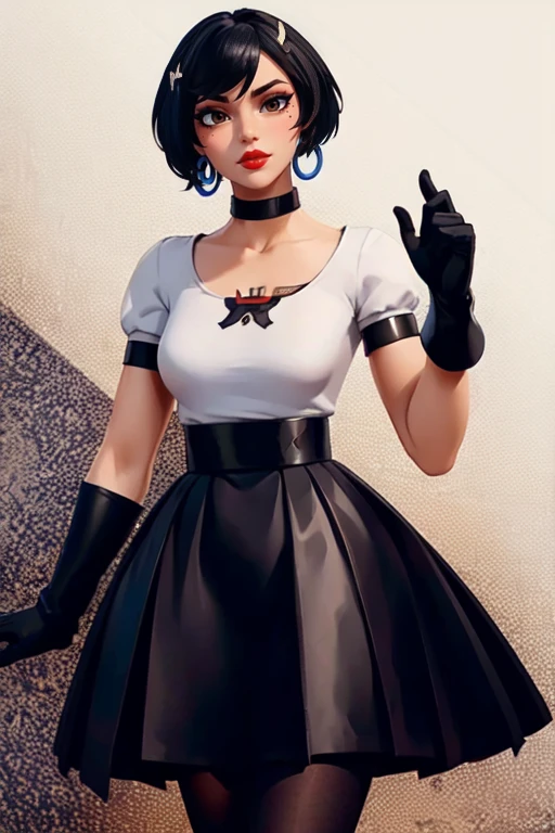masterpiece,best quality,extreme detail,8k,<lora:evie:0.6>,evie2,upper body,cowboy shot,short hair,makeup,hair ornament,black hair,brown eyes,gloves,black gloves,lips,choker,jewelry,white shirt,high-waist skirt,red lips,mole,high heels,black pantyhose,black footwear,short sleeves,pantyhose,earrings,hoop earrings,