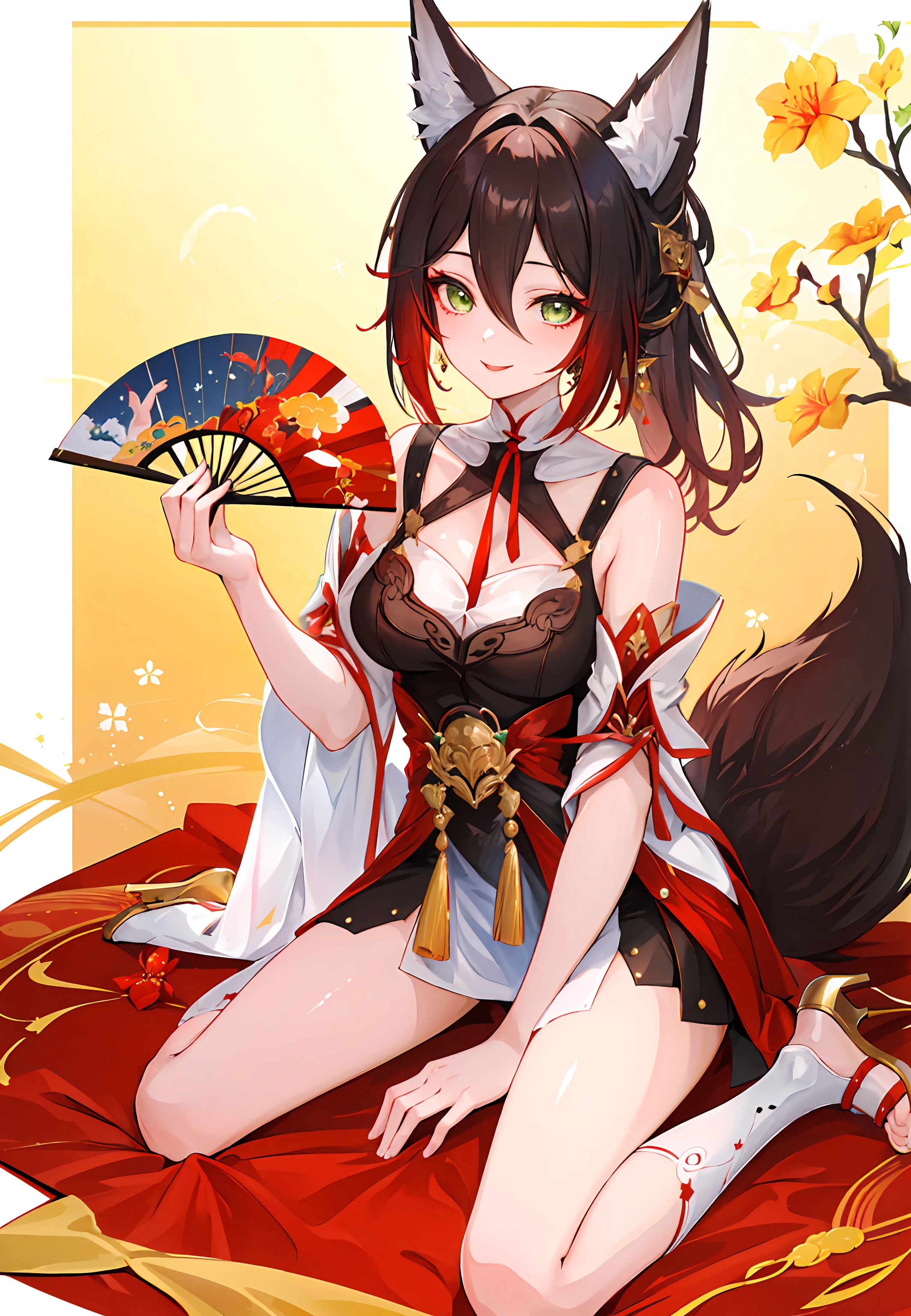 a beauty girl,Mature face,a matural female,Fluffy tail hair,Ultra-loose underwear,clothes slipping off,Anterior convex and posterior,Straight chest,Ruddy complexion,Huge fox tail,nabel,(huge tit),adventurer,tit,areola of breast,pantiess,Stockings,Human Services Group,((illustrated)),split,((Chinese tradition))