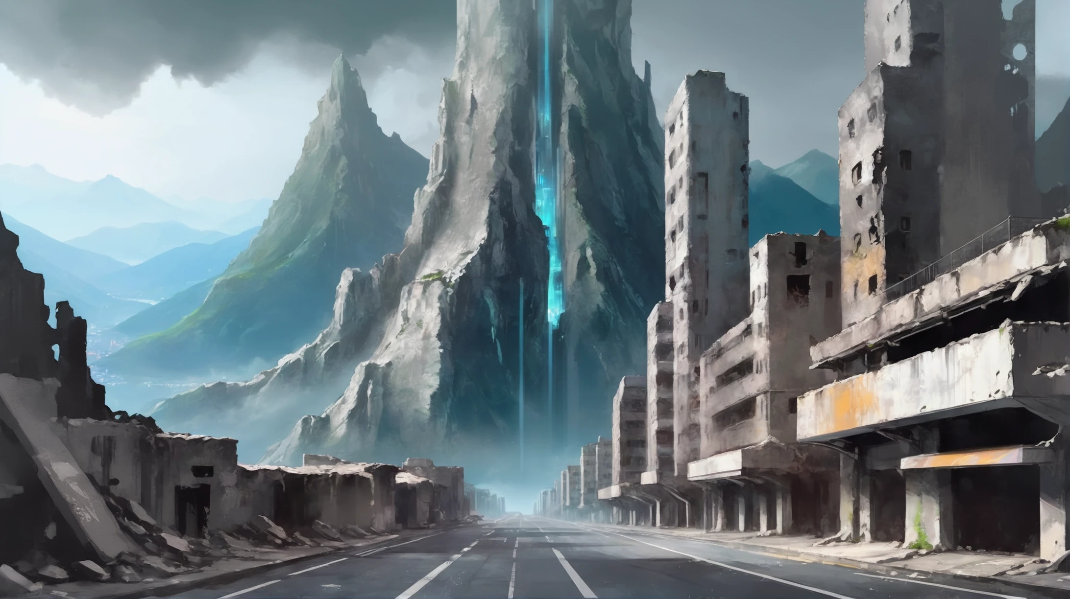 digital art, trendy urban street in a ruined scifi mountainside city at the beginning of the multiverse, masterpiece