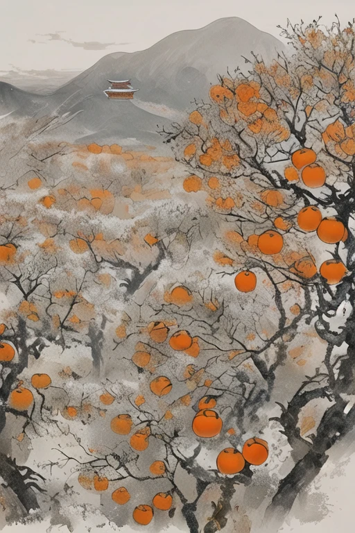 chinastyle, ink and wash, looming mountains in the distance, persimmon trees grow on the hills,shizishu, near there is a persimmon tree with orange persimmons growing on the tree
