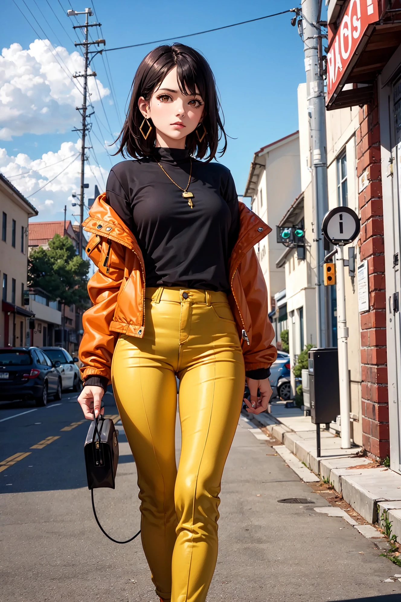 1girl, solo, outdoors, brown eyes, black hair, jacket, jewelry, mailbox, looking at audience, orange pants, construction, earrings, power cord, long sleeves, green jacket