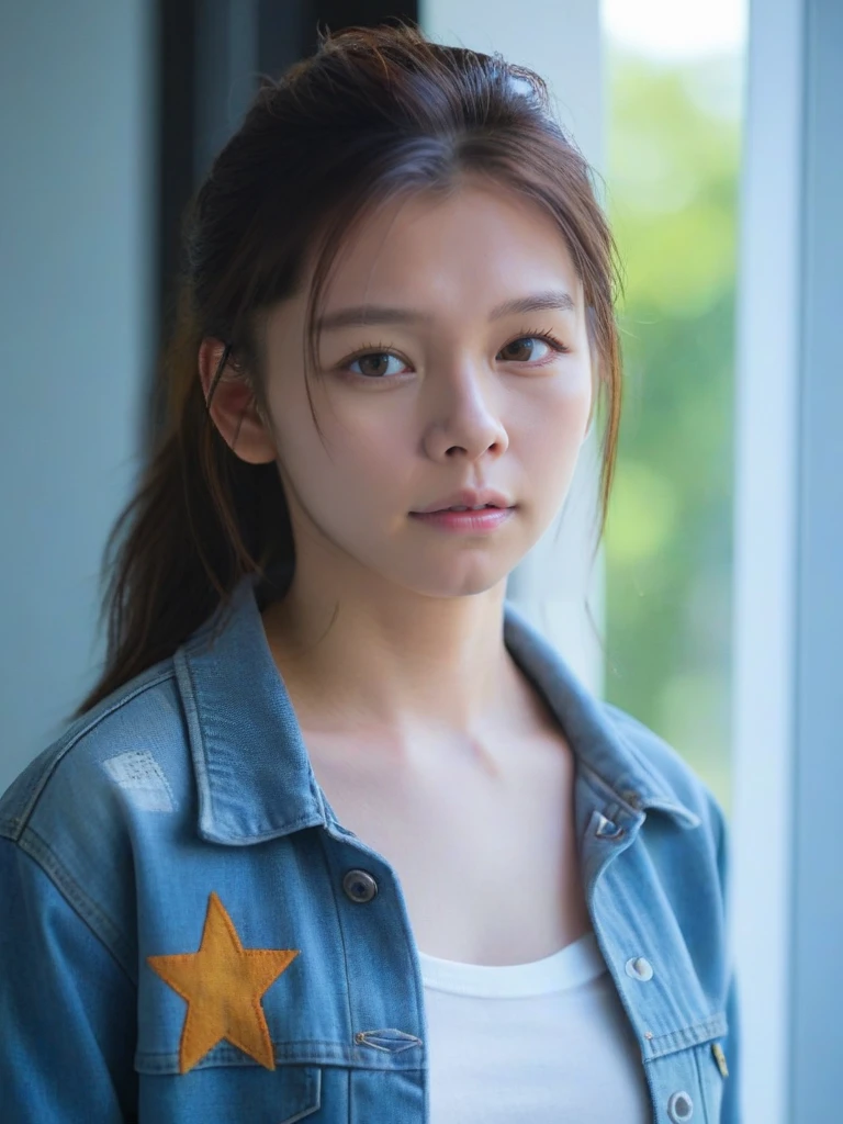 (masterpiece,best quality,ultra high res:1.1),(photo-realistic:1.1),side_light,bokeh,beautiful face,
looking at viewer,(simple background:1.1),1girl,18yo,(sweat and pure:1.2),breasts apart,
<lora:Vivian_Hsu_XL_0_:1>,vivian_hsu,a hot summer day,enjoy this wet orgasm,sunlight through the glass to form a beam,(Denim_jacket_with_patched_artwork:1.5),(Graphic_tee:1.4),(Cargo_pants:1.3),spacious police station lobby,