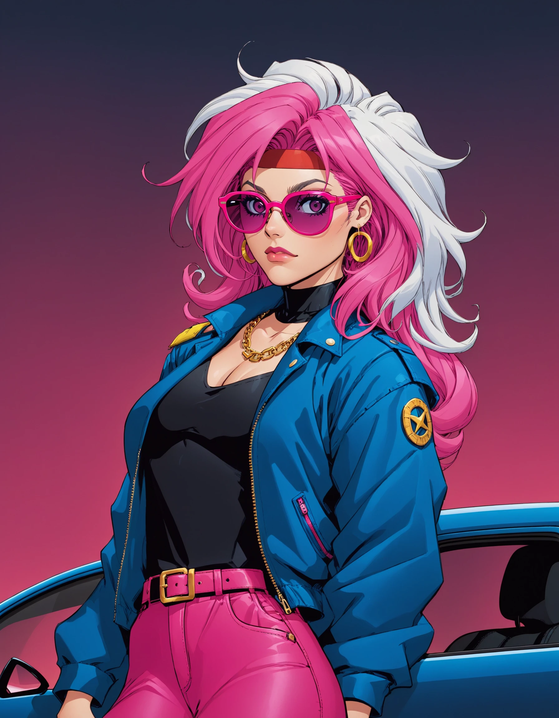 1girl, joe mad style, joemad, solo, pink skin, long hair, tinted eyewear, necklace, 80s aesthetic, Synthwave, motor vehicle, jewelry, ground vehicle, mole, jacket, mole under mouth, sunglasses, pink hair, cowboy shot, pink-tinted eyewear, belt, pants, jacket on shoulders, bangs, white hair, car, shirt, colored skin, pink, cinematic angle, cinematic lighting, masterpiece, best quality, <lora:JoemadXLV2:1>