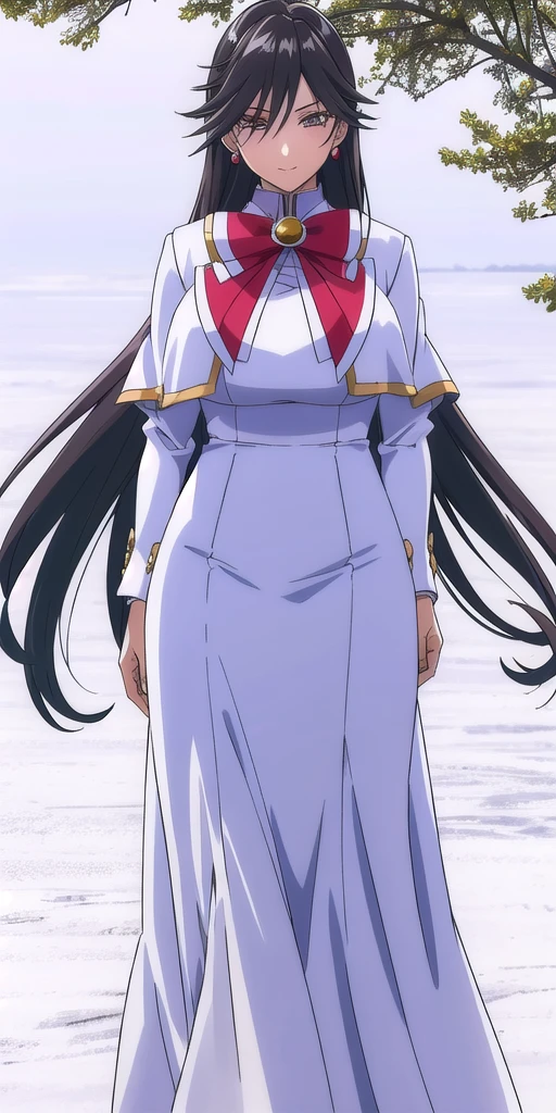 <lora:AkiraFerrariV4:0.7> akira_ferrari, huge_breasts, standing, solo, Winter_Himeya_company_uniform_White_long_dress_White_capelet_Red_bowtie_Long_sleeves_high_collar_Side_slit, masterpiece, best quality, detailed face, detailed eyes, highres,