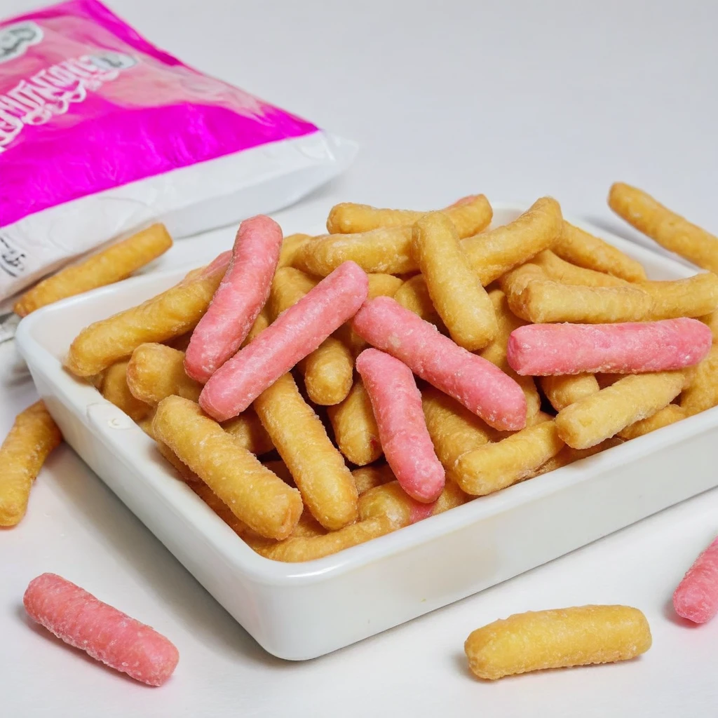 <lora:tsuza:0.7>, Realistic style, freshly fried French fries generously sprinkled with sugar crystals, capturing the contrast between the savory golden fries and the sparkling sweetness of the sugar, all set against a crisp, clean background that accentuates the textures and colors,pink