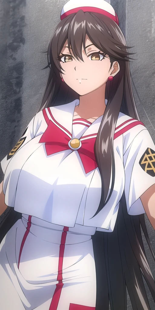 <lora:AkiraFerrariV5:0.7> akira_ferrari, huge_breasts, standing, solo, Summer_Himeya_company_uniform_White_long_dress_White_crop_top_Red_bowtie_Short_sleeves_Side_slit, White_beret_Himeya_company_uniform, masterpiece, best quality, detailed face, detailed eyes, highres,