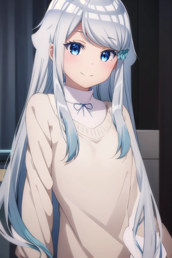 nayutakani, <lora:nayuta kani s1-lora-nochekaiser:1>,
nayuta kani, long hair, blue eyes, white hair, hair ornament, ahoge, scrunchie, hair scrunchie, blue scrunchie, smile, blush, smug,
BREAK sweater, long sleeves, ribbon,
BREAK indoors,
BREAK looking at viewer, (cowboy shot:1.5),
BREAK <lyco:GoodHands-beta2:1>, (masterpiece:1.2), best quality, high resolution, unity 8k wallpaper, (illustration:0.8), (beautiful detailed eyes:1.6), extremely detailed face, perfect lighting, extremely detailed CG, (perfect hands, perfect anatomy),