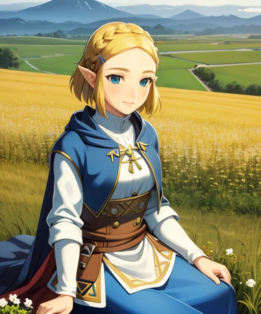 portrait, (adult woman), sitting, picking flowers, (1girl, solo), smile, (blonde hair), ((field, rolling hills)), (distant mountains), ((best quality, high detail)), ((masterpiece)),  <lora:zelda_shorthair_v5:0.4> zelda\(princess\), hairclip, cape, <lora:1_dpminase_20e:1>