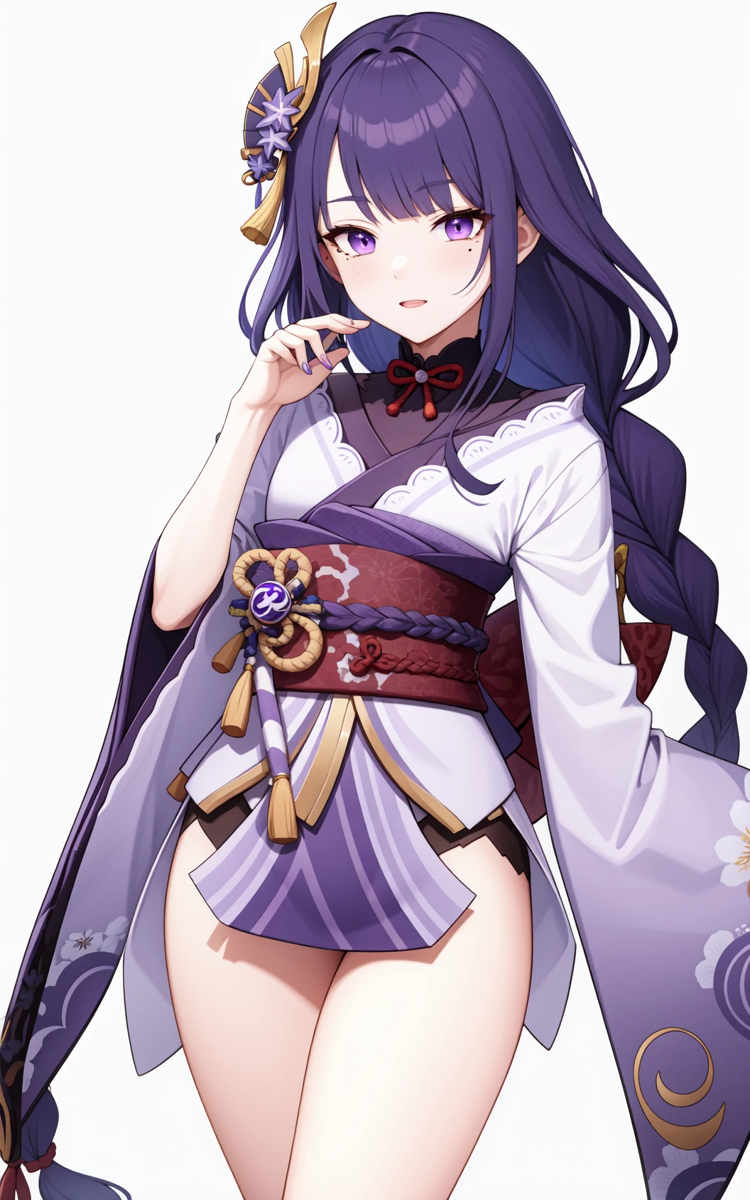 <lora:é·å:1:lbw=char>,leijun,purple hair,purple eyes,raiden shogun,mole under eye,mole,hair ornament,braid,braided ponytail,japanese clothes,kimono,thighs,sash,obi,, 1girl,
, (masterpiece,best quality:1.2),absurdres