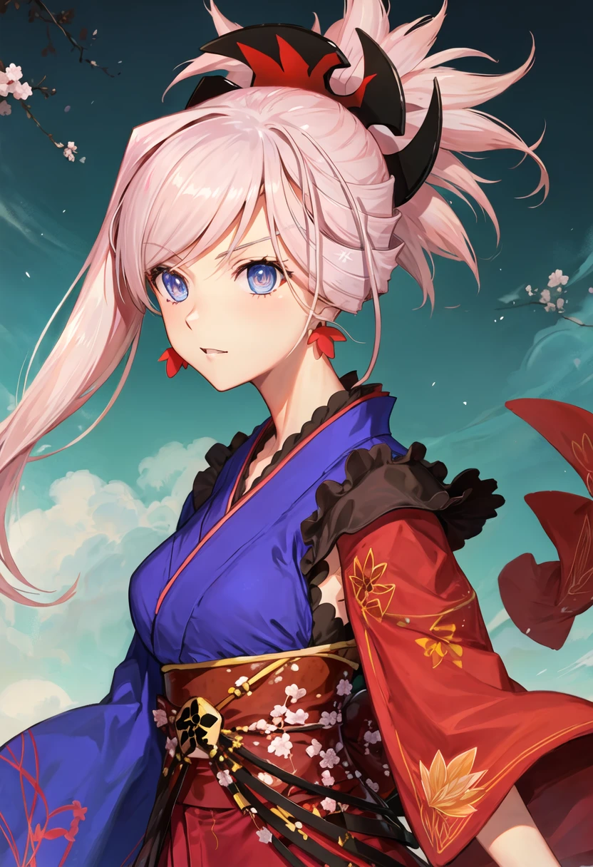 best quality, masterpiece, highres, solo, {miyamoto_musashi_fgo:0.90}, {white kimono:1.35}, {red hakama:1.35}, {wide sleeves:1.20}
