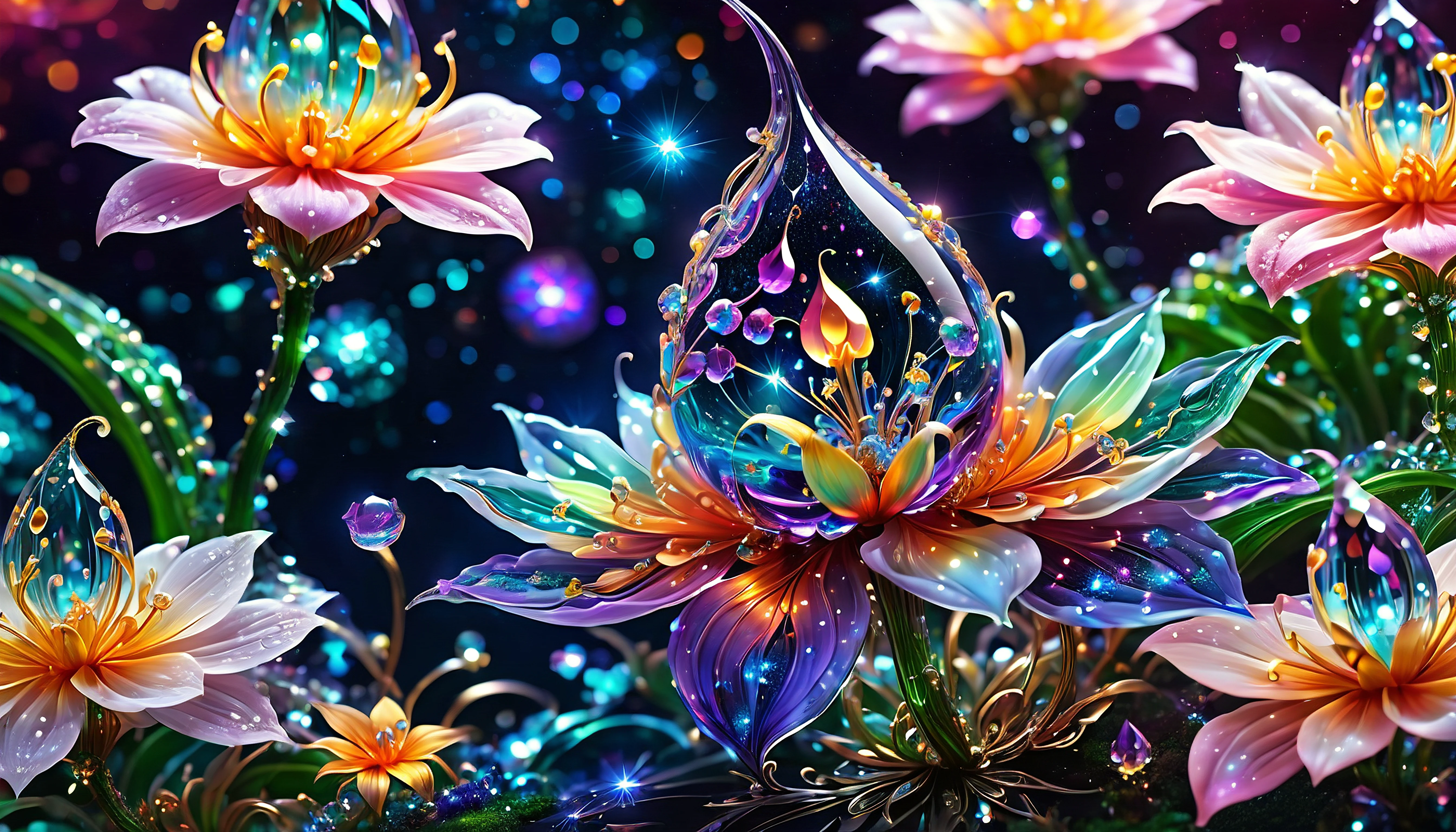 macro photo, sparkling magical fantasy glass flower dewdrop, very detailed, amazing quality, intricate, cinematic light, highly detail, beautiful, surreal, dramatic, galaxy fantasy colors, <lora:SDXLFaeTastic2400:1>