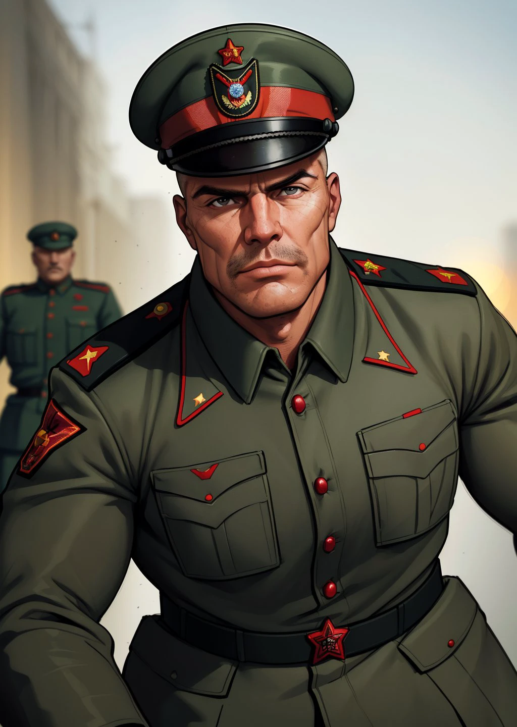 comics bock portrait , Soviet army soldier (man:1.4), dynamic fighting, (masterpiece), (realistic), 8k, RAW photo, very wide shot, octane render, unreal engine, volumetrics dtx, (film grain, bokeh, blurry foreground)