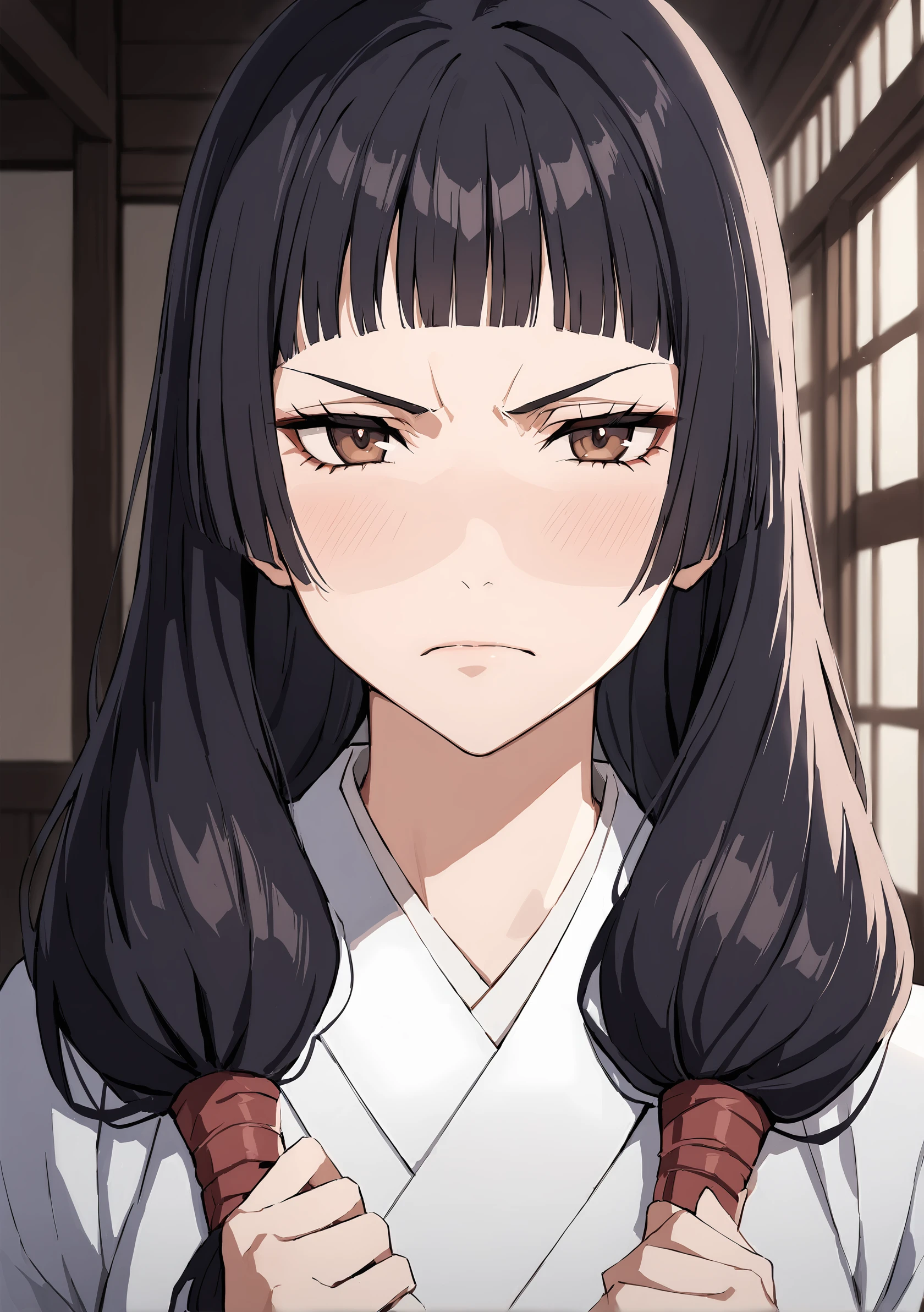 masterpiece, Highest quality, so beautiful, Absurd, Latest, One Girl, Kimono without the obi,(chest,Exposing her pussy),Sweat,Inn changing room, alone, shout, v eyebrows, Black Hair, View your audience, ponytail, Long Hair, Kneeling, kimono, Similarly, blush,anger,Disgust,hair ornaments, bangs, Shine,Viewer&#39;s penis in front,Blowjob,Covered in semen